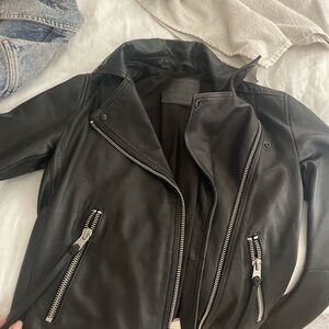 All Saints Dark Leather Jacket with Silver Accents